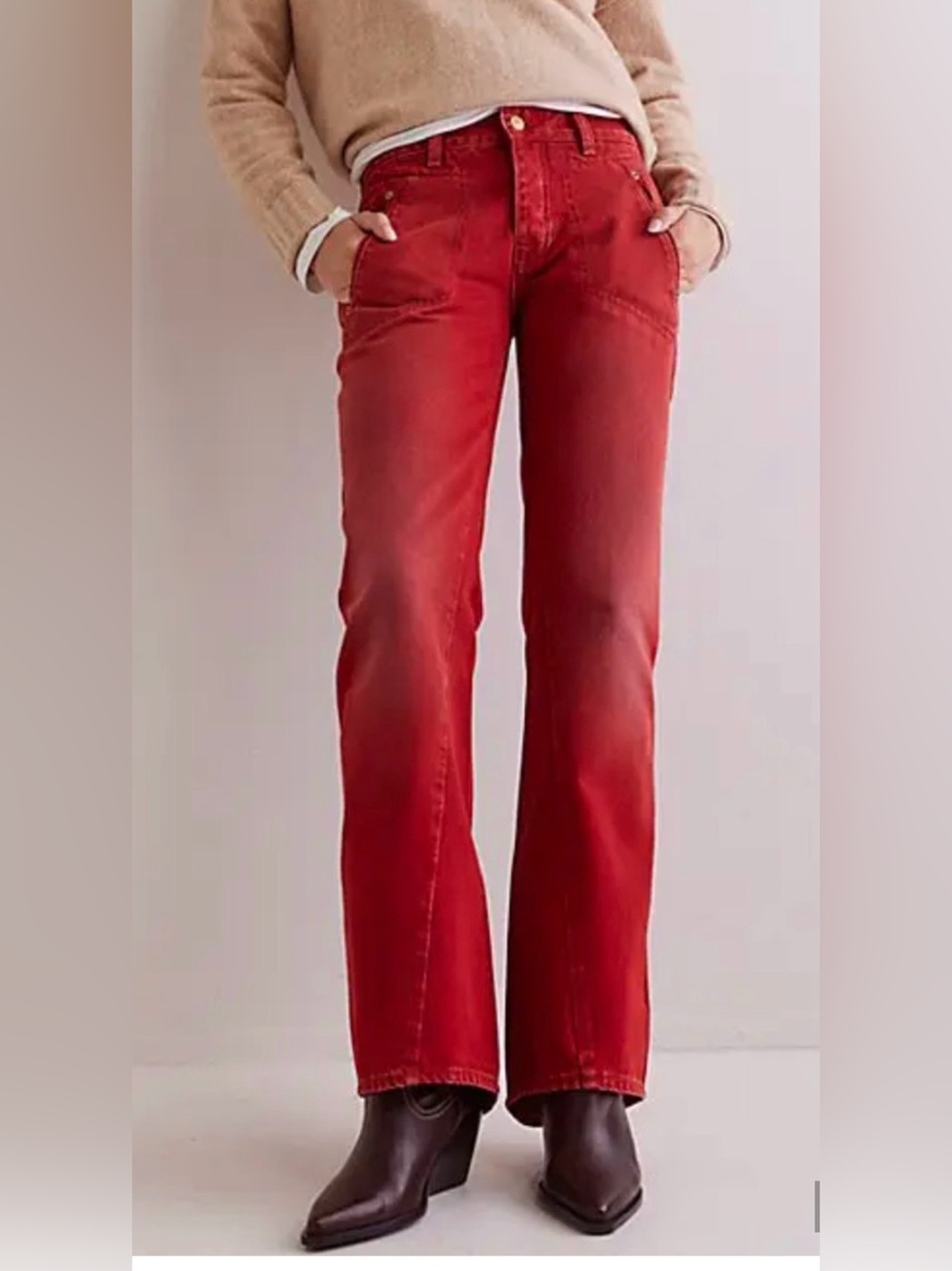NEW FREE PEOPLE WE THE FREE HOT TAMALE RED CARNIVALE LOW RISE BOOTCUT JEANS 26